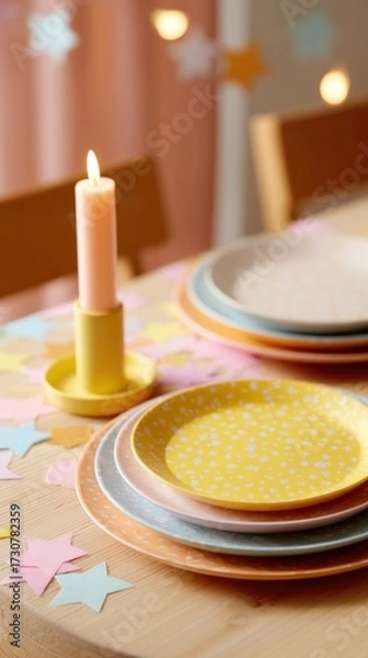 Fototapeta Bright melamine plates stacked on a wooden table with a candle and colorful star-shaped decorations, creating a cheerful and inviting dining atmosphere for gatherings and celebrations