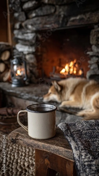 Fototapeta Rustic stone fireplace glows warmly with a steaming enamel mug resting on a wooden table, creating a cozy atmosphere with a sleeping dog nearby