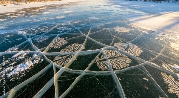 Fototapeta Aerial view of a frozen lake with intricate ice patterns and snow-covered trees. The scene captures the beauty of winter landscapes.