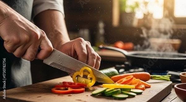 Fototapeta A person with short hair chops colorful vegetables on a wooden cutting board in a kitchen. Fresh ingredients include bell peppers, carrots, and zucchini.