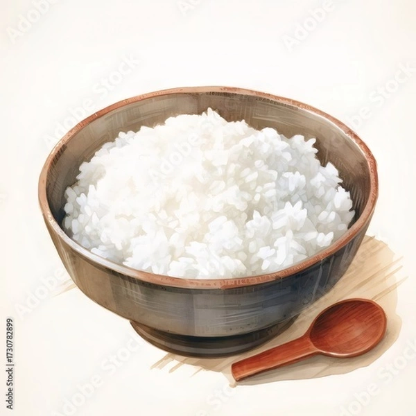 Fototapeta 米飯が入った茶碗と木のスプーンのクローズアップ