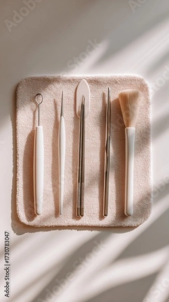Fototapeta Neatly arranged nail tools on a soft surface, showcasing precision instruments for manicure and pedicure, ideal for beauty and wellness professionals seeking quality equipment