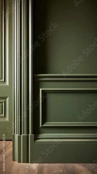 Fototapeta Elegant medium shot of freshly painted green wall with detailed molding and trim, showcasing the beauty of interior design and craftsmanship in a stylish setting