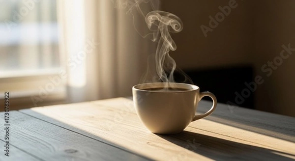 Fototapeta A steaming cup of coffee sits on a wooden table. Sunlight streams through a window, creating a warm and inviting atmosphere.