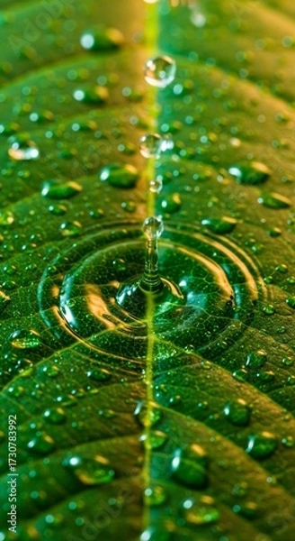 Fototapeta Close-up of a green leaf with water droplets. The droplets create ripples on the surface, showcasing nature's beauty and freshness.
