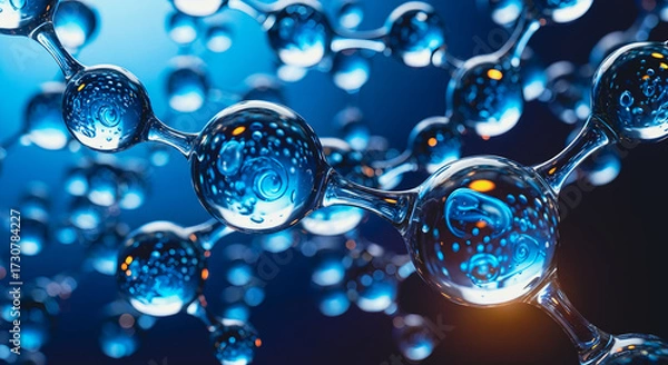 Fototapeta Molecular structure with vibrant blue light and bokeh detail