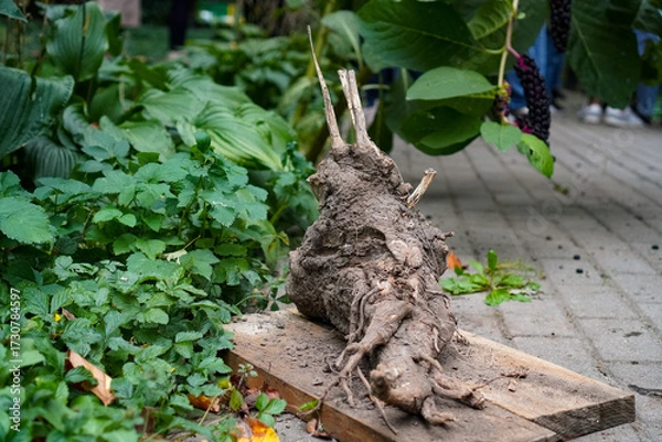 Obraz of the large taproot of the medicinal plant American pokeweed on a wooden stand on a garden path against the backdrop of a green flowerbed in autumn in an ornamental plant nursery for replanti