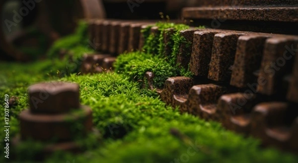 Fototapeta Rusted gear with moss growing on it