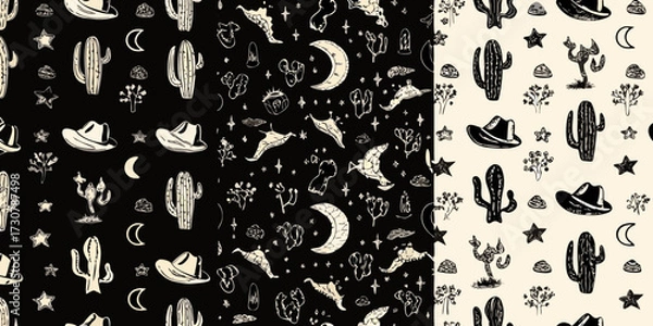 Fototapeta Whimsical hand drawn western desert pattern with cacti cowboy hats moons and stars