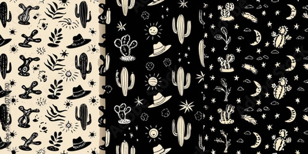Fototapeta Whimsical desert pattern with hand drawn cacti cowboy hats moons and suns on beige and black backgrounds
