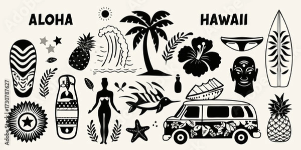 Fototapeta Collection of hawaiian aloha themed black and white graphic elements including surfboards palm trees hibiscus flowers pineapples and a van