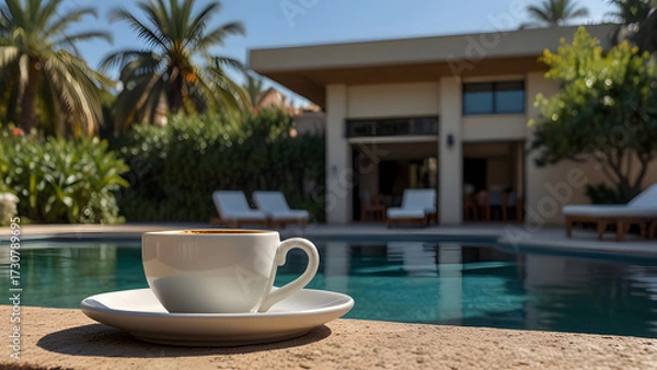 Fototapeta Coffee Break by the Pool: A Moment of Tranquility
