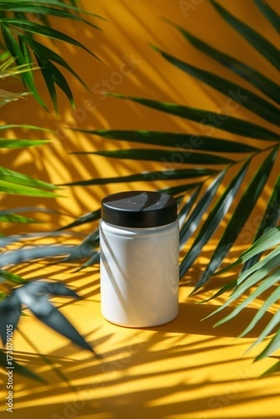 Fototapeta Minimalist White Container with Black Lid Surrounded by Lush Green Leaves and Vibrant Yellow Background