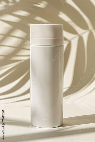 Fototapeta Minimalist White Insulated Bottle Casting Shadows on a Neutral Background with Soft Light in a Contemporary Design