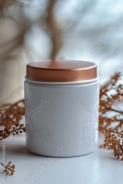 Fototapeta Elegant Gray Cosmetic Jar with Copper Lid Surrounded by Dried Botanicals in a Minimalist Setting