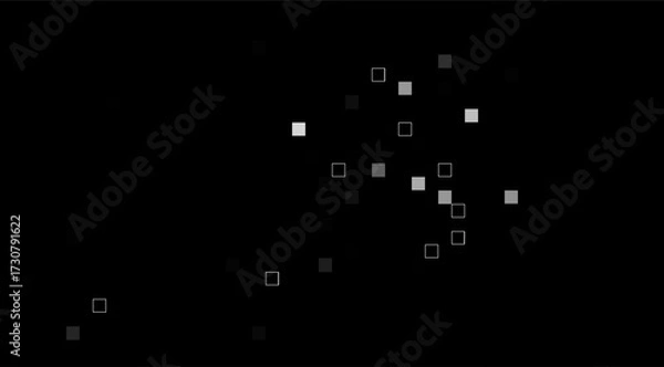 Fototapeta This minimalist, monochromatic image features a black backdrop adorned with an array of scattered gray and white squares, creating a modern, abstract, geometric composition, perfect for backgrounds