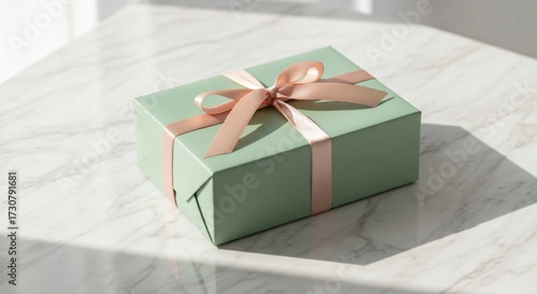 Fototapeta Green Gift Box with Pink Ribbon on Marble Table Subtle Shadow Minimalist