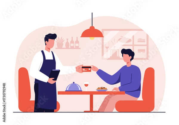 Fototapeta Cartoon of a waiter receiving a card from a seated restaurant patron at a table