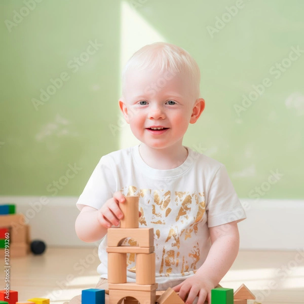 Fototapeta Smiling albino toddler building a tower with wooden blocks, playful atmosphere, copy space