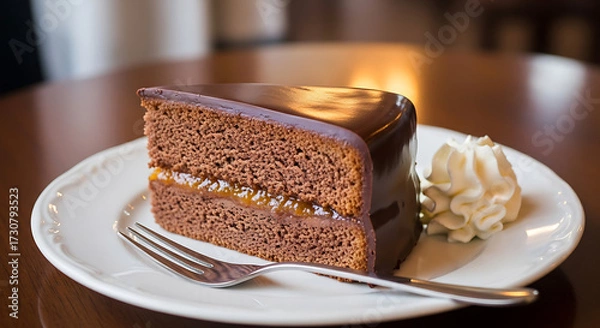 Fototapeta Indulging in a delicious chocolate cake slice cozy indoor setting close-up food photography captivating dessert experience