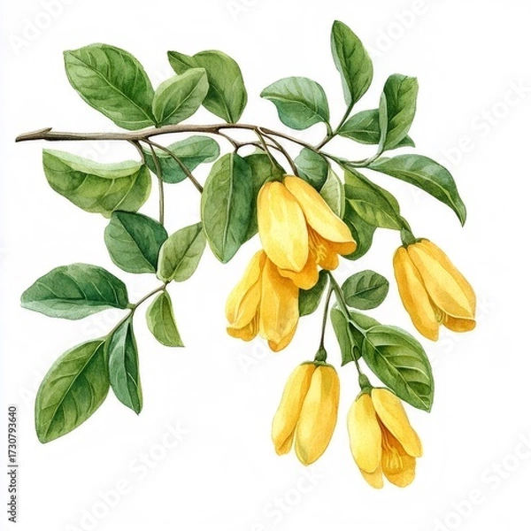 Obraz 水彩画の黄色い花の枝と緑の葉