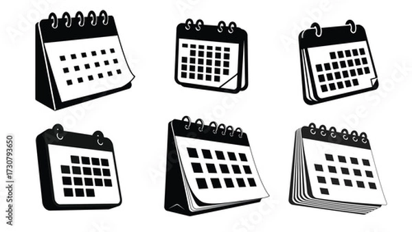 Fototapeta Set of Black and White Desk Calendar Icons in Different Styles Representing Planning, Scheduling and Business Organization_New 3D Style Vector Illustration