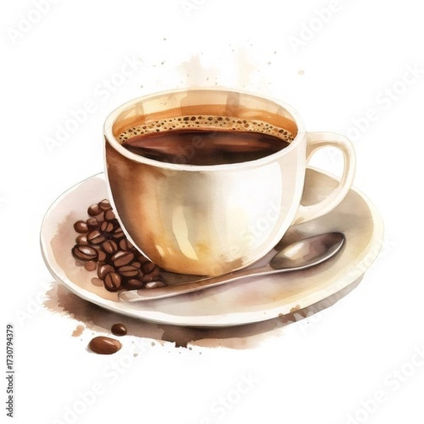 Obraz 水彩スタイルで描かれたコーヒーカップとコーヒー豆のイラスト