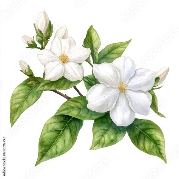 Obraz 白いジャスミンの花と緑の葉のイラスト