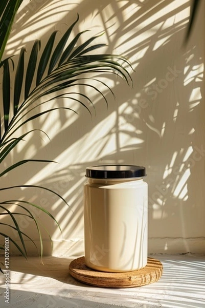 Fototapeta Ceramic Candle Jar on Natural Bamboo Coaster with Shadows and Greenery Background in Modern Interior Setting