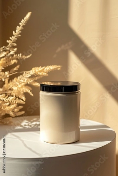 Fototapeta Elegant Candle Jar on a White Circular Table with Soft Shadows and Warm Ambient Light in Cozy Indoor Setting