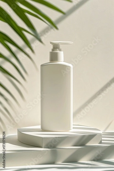 Fototapeta Minimalist White Cosmetic Bottle Displayed Under Natural Sunlight with Palm Leaves Casting Shadows on Background