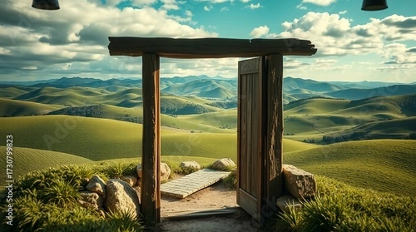 Obraz Rustic doorway opening to surreal rolling hills with dreamy cottagecore aesthetic”Fantastic Frontiers Digital Artwork series ar 16:9
