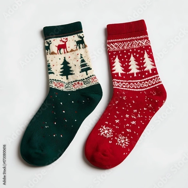 Fototapeta Pair of Christmas socks displayed on blank background