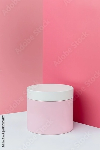 Fototapeta Minimalist Round Pink Box on White Table with Soft Pink Background in Creative Studio Setting