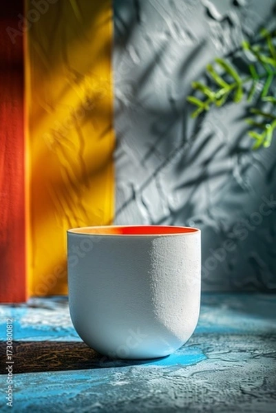 Fototapeta Elegant White Ceramic Cup Casting Soft Shadows on a Textured Background with Colorful Geometric Elements
