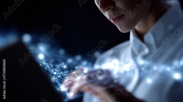 Fototapeta A data scientist working on a laptop, with a complex network of glowing data points and lines flowing out of the screen, against a dark, futuristic backdrop.