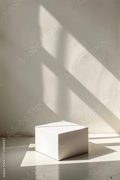 Fototapeta Minimalist Geometric White Cube Casting Shadows on a Textured Wall in a Bright and Tranquil Interior Setting