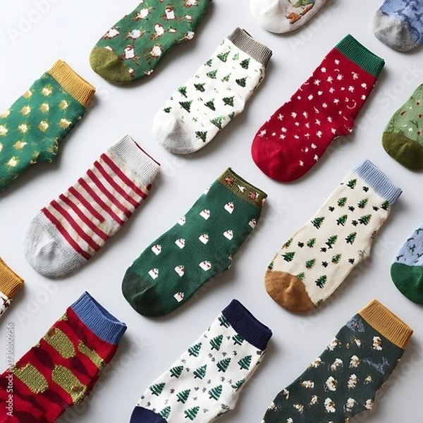Fototapeta Patterned Christmas socks displayed on white surface