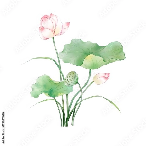 Obraz 水彩画の蓮の花と葉の白背景のイラスト