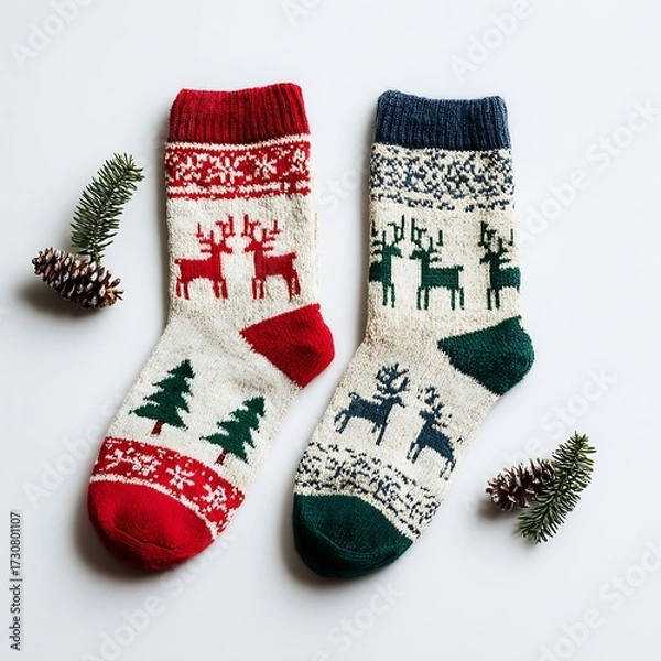 Fototapeta Pair of colorful Christmas socks on white surface