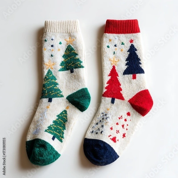 Fototapeta Pair of colorful Christmas socks on white surface