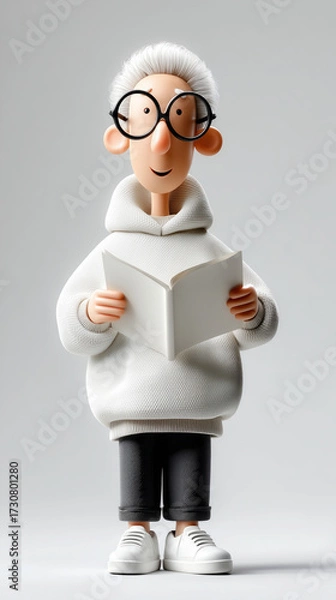 Fototapeta 3D senior man with gray hair and glasses reading open book in casual hoodie on neutral background. Concept of lifelong learning, education, and personal growth.
