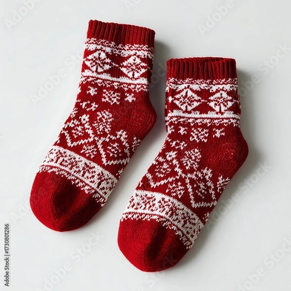 Fototapeta Red Christmas socks with white patterns on white surface
