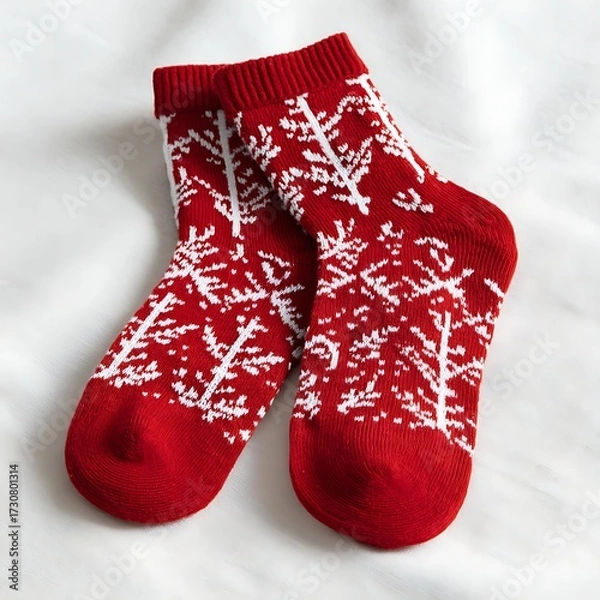 Fototapeta Red Christmas socks with white patterns on white surface