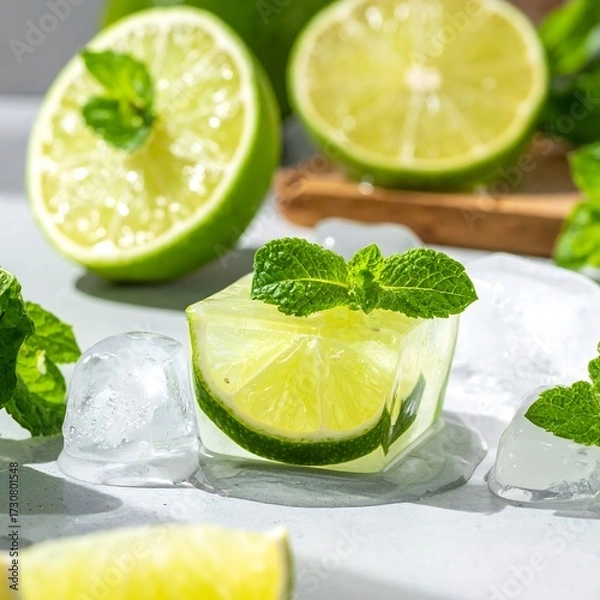 Obraz Fresh Lime Ice Cubes with Mint.