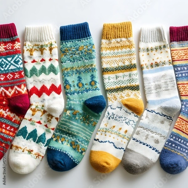 Fototapeta Colorful patterned Christmas socks on plain white background