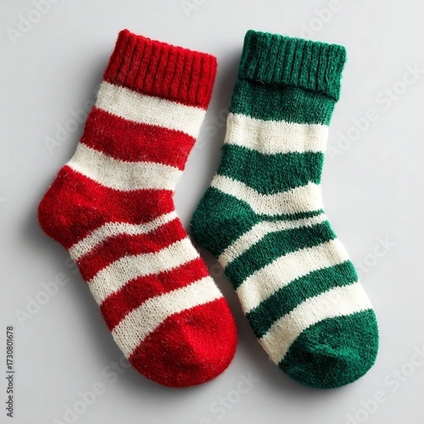 Fototapeta Pair of red and green Christmas socks on blank surface