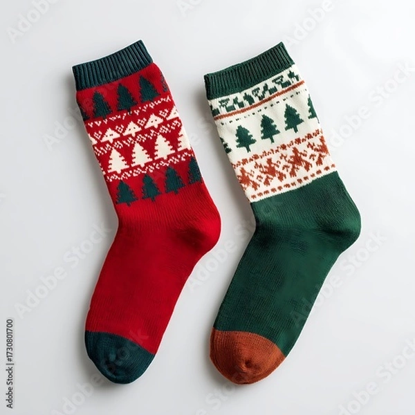 Fototapeta Pair of red and green Christmas socks on blank surface