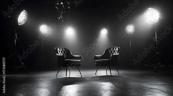 Fototapeta Two stylish chairs set for an interview under bright stage lights in a darkened studio environment.