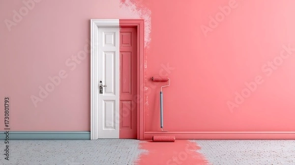 Fototapeta Two-tone room transformation with door and paint roller in modern interior setting.